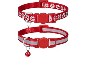 Taglory Collar Gato Reflectante, 2 Piezas Collares para Gatos con Cascabeles y Hebilla Seguro de Liberación Rápida, 15-20 cm Rojo