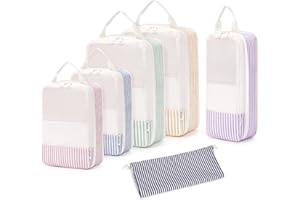 Narwey 6 Teilige Kompression Koffer Organizer, Compression Packing Cubes Backpack Koffer Organizer Set Kompression Packwürfel Rucksack, Travel Essentials for Damen (Kombiniert Streifen)
