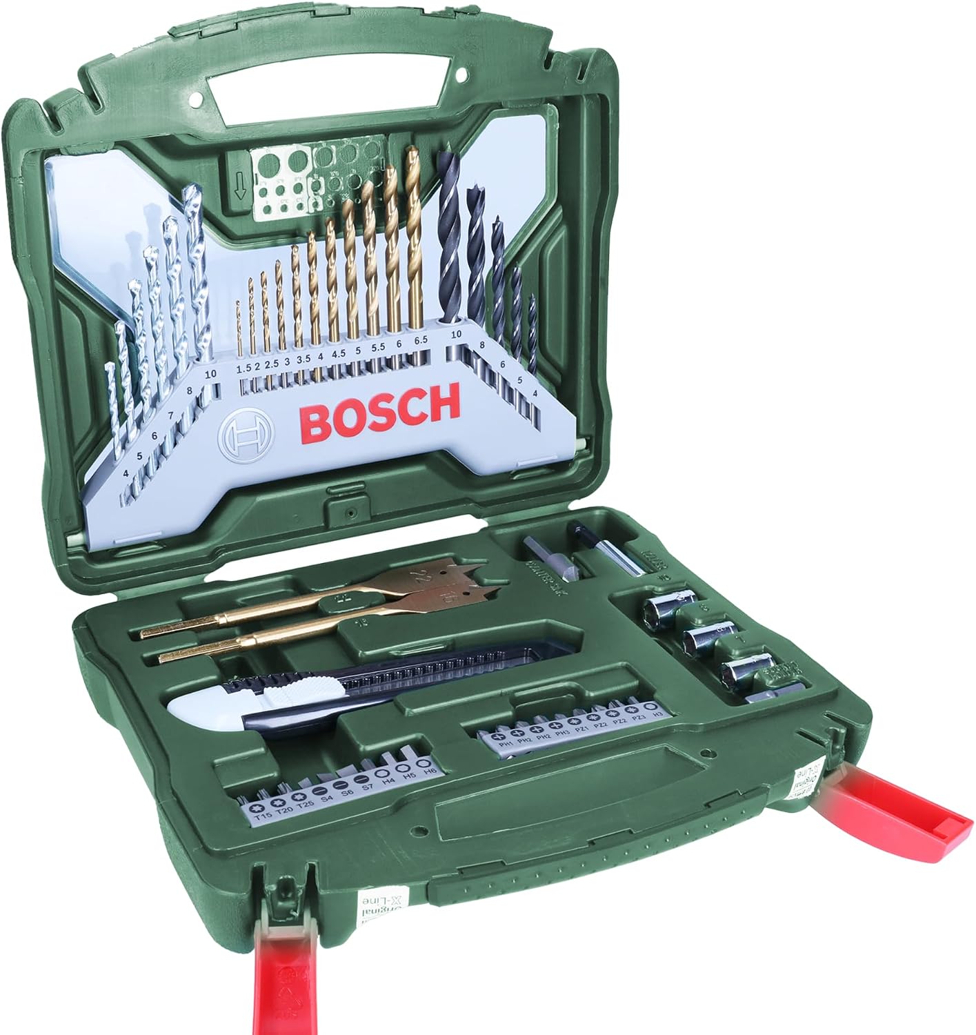 Bosch 50 uds. Set de brocas y puntas de atornillar X-Line de titanio (para madera, mampostería y metal, incluye cutter y brocas fresadoras planas, accesorios para taladro y destornillador)