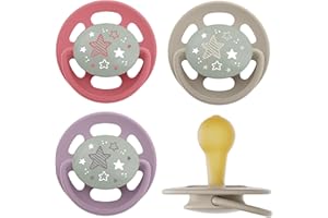 nip - Cherry Green Night | ab 6 Monate | 4er Pack | Stillfreundlicher, zahnfreundlicher Babyschnuller mit Leuchtknopf. Nachhaltiger Schnuller aus natürlichen Rohstoffen, Lila/Rot