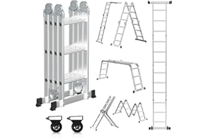 Cecaylie Escalera multiusos de 3,6 m, 4 x 3 m, de aluminio, 7 en 1, con 2 placas de andamio y 2 ruedas, hasta 150 kg