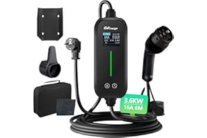 Hexinex Chargeur Voiture Électrique 3,7kW [6m, 6-16A] Type 2 avec Support Mural, Écran LCD, Programmation Horaire, IEC 62196-2, IP67, Compatible pour Tesla Model 3, VW ID.3, BMW i3 et Autres