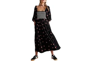 Acrawnni Women's Flower Embroidered Maxi Dress Long Puff Sleeve Square Neck Smocked Tiered Bohemian Flowy Dress Beach Long Dress