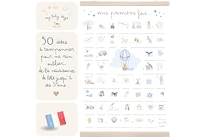 MY BABY DAYS Affiche Premières Fois à Tamponner 'Bébé Bleu' - Cadeau de naissance bébé garcon | decoration chambre bébé garçon | cadeau maman | carte des étapes de bebe (Coffret Affiche A3+tampon+cadre baguettes)