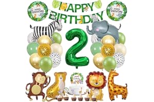 MELEAGER Palloncino compleanno animali 2 anni – 41 pezzi decorazione giungla safari – 24 palloncini in lattice verde per bambini