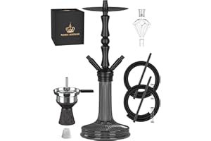 NOBLE HOOKAH 77cm Shisha Set 2 Schläuche aus Aluminiumrohr mit 2 Anschlüssen und komplettem Shisha Zubehör - Shisha Kopf, schöne Glasvase, Melassefänger, 2 Schläuche und Griff (Schwarz)