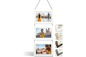 NEOWS Portafotos Múltiple Decorativo para Colgar en Pared - Marcos de Fotos Multiples de Madera Con Cuerda - Collage Portarretratos Colgante - Fotos 10x15 cm (Blanco Rasgado, 3 Fotos Horizontal)