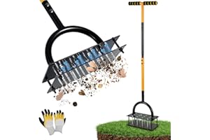 KOOLSHIRO Lawn Aerator, Manual Garden Aerator for Lawn, Pre-Assembled 20 Iron Spikes, Adjustable T-Handle, Automatic Dirt and Leaf Clean Design, Garden & Grass aerator