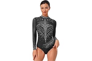 Fldy Damen Turnanzug Langarm Glitzer Strass Gymnastik Tanz Trikot Mit Durchsichtige Mesh Eislaufen Ballett Leotard