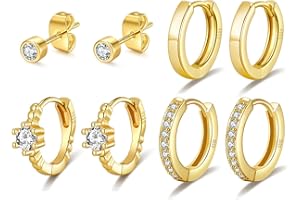 MOROTOLE 3-5 Paia Orecchini Donna Argento 925, Set Orecchini Donna Oro con Zirconi Cubici 5A Set di Cerchi Piccoli e Orecchini a Bottone Ipoallergenici Regali di Gioielli Diametro 6/8/10/12/14mm