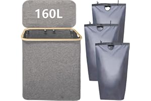 Gabrella Washing Baskets 160L Laundry Basket with Lid, Large Laundry Basket 3 Section Laundry Hamper with Bamboo Handles and Labels Dirty Washing Bin with Removable Bags for Bedroom Bathroom, Dorm