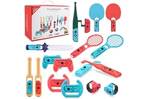 18 in 1 Switch-Sport Zubehörset für N-S-Sportspiele, AIMMIE Somatosensory Set Party Pack Game mit Tennisschläger, Controller-Griffe, Rennrad, Bandage, Golfschlägerräder, Trommelstock, Angelrute