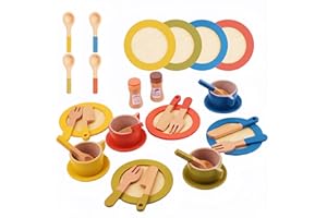 Embosomitr Wooden Plate Set, 26PCS Colorful Toy Kitchen Dishes, Kids Play Kitchen Plates, Wooden Tea Set Kids, Girls Role Play Gift for Children Aged 3 and Above