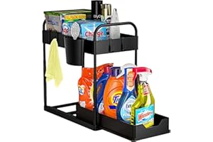 KKNE Almacenaje Cocina de 2 Niveles, Organizador Bajo Fregadero,Ajustable en Altura, para Almacenaje Bajo Fregadero, Incluye 4 Ganchos y 2 Cestas Colgantes, Ideal para Armarios, Cocina y Baño