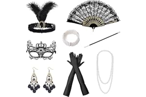 ZABARE 8 Teiliges 20er Jahre Accessoires,1920er Kostüm Accessoires Damen,20er Jahre Kleid Zubehör Set mit Stirnband Handschuhen Halskette Armband Ohrringen Spitze Faltfächer für Karneval Halloween