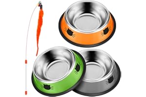 MOICAINY 3 Pcs Stainless Steel Cat Bowl + 1 Pcs Cat Toy,Cat Food Bowl With Non Slip Rubber Base,Cat Water Bowl,Cat Feeding Bowl,Cat Bowls for Kittens,Metal Cat Bowls,Pet Bowl,Pet Bowls for Cats,Dog Bowl