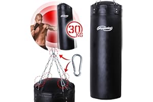 Physionics® Sac de Frappe - Rempli, 100cm/120cm, 27kg/30kg, 4 Chaînettes, 2 Mousquetons et Crochet Pivotant - Sac de Boxe Adulte, Punching Bag, Équipement de MMA, Muay Thai, Kickboxing, Arts Martiaux