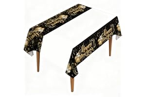 CWWYQ 1 Pcs New Year Table Cloth, Happy New Year Decorations 2026, PVC Plastic Wipe Clean Square Tablecloth, Black Gold Table Cloth for 2026 Happy Eve Party Decorations