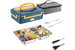 UNISOPH Fiambrera Eléctrica, 1L Fiambrera Eléctrica 3 en 1 (12v/24v/220v) Calentador de Alimentos Portátil, 4 Compartimentos con Tenedor/Cuchara y Bolsa Transporte Aislada Para Automóvil/Camión/Oficina/Hogar