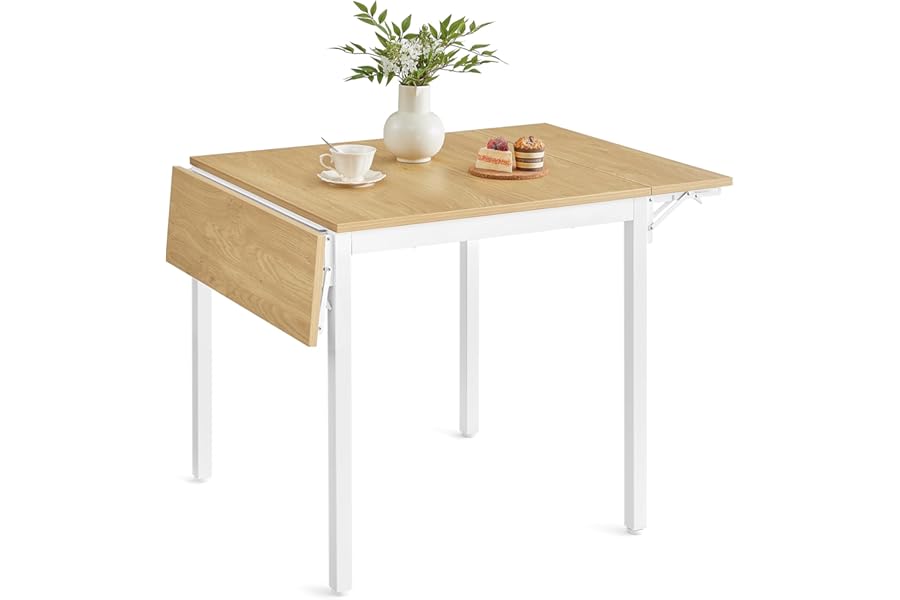 VASAGLE Folding Dining Table, Drop Leaf Extendable, for Small Spaces, Seats 2-4 People, Industrial, 78 x 120 x 76.2 cm, Natural Oak and Cloud White KDT077Y01