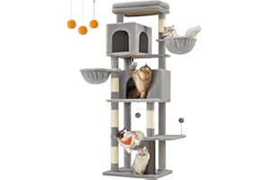 Feandrea Kratzbaum, 175 cm hoch, XL, mehrstöckiger Katzenbaum mit 2 Höhlen, 2 Liegemulden, 5 Kratzsäulen, Katzenbürste, große Plattform, Taubengrau PCT182G01