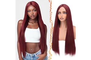 BARSDAR Lunga Lisci Borgogna Rosso Parrucche, Lunga Lisci Parte Centrale Parrucca per Donna 71cm Dall'aspetto Naturale Sintetici Capelli Parrucca Partito Halloween Costumi Parrucche
