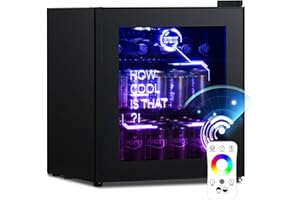 HCK 48L Mini Kühlschrank mit Glastür Leise 39dB, Cyberpunk Getränkekühlschrank mit Fernsteuerbaren RGB LED Lichtern, Flaschenkühlschrank, Mini Fridge 0-15°C für Gaming Deko, Minibar, Schwarz