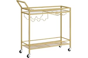 HOOBRO Drinks Trolley Gold, Bar Cart, Bar Trolley, Kitchen Trolley on Wheels, Serving Trolley with Glass Shelf, Wine Rack and Glass Holder, Home Bar Serving Cart for Dining Room, Party, Gold EGD11TC01
