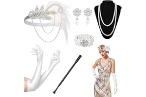 EXOJOY 6 Pieces 1920s Flapper Accessories, Roaring 20s Great Gatsby Costume Accessories Kits with Vintage Headpiece Long Gloves Necklace Earrings Bracelet Handheld Props for Women Girls Party Masquerade
