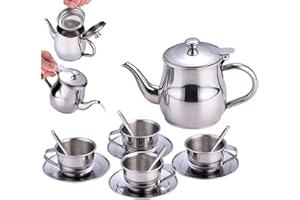 MUZRUNQ Childrens Tea Sets, Stainless Steel Teapot Shock-Resistant & Heat-Resistant Pretend-Play Safe Metal Teapot Set with Tea Cup Set for Girls and Boys