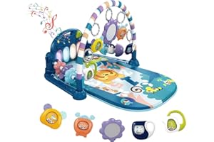 derimkcoa Baby Play Mat Baby Gym,Funny Play Piano Tummy Time Baby Activity Mat with 5 Infant Sensory Baby Toys, Music and Lights Boy & Girl Gifts for Newborn Baby 0 to 3 6 9 12 Months (Blue Tiger)