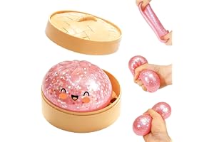 Simulation Glitter Dumpling Fidget Toy, Soft Squeeze Squishy Toy with Steamer Box, Anti Anxiety Sensory Toys, Cute Desk Decor for Home Office Classroom, Novelty Birthday Daily Gifts for All Ages