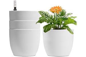 ‎T4U T4U 15cm Selbstwässernder Blumentopf mit Wasseranzeiger Weiß Blumentopf Set 4er-Set, Selbstbewässerung Wasserspeicher Pflanzgefäß Übertopf für Innen- und Außenbereich
