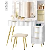 VASAGLE Vanity with Stool and Lighting, Socket Strip | Maxe RVT020WB01 Mirror with Magnification 10 x 9 Drawers, 110 x 40 x 1