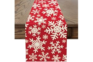 Sungeek Runner da Tavola Natale in Lino, Runner Tavola a Tema Natalizio per Natalizie Della Fattoria Decorazione del Tavolo da Pranzo Della Cucina, 30 x 180 cm (Fiocco di Neve Rosso)