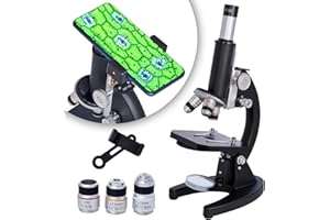 QQ CAT Microscope, 200x-5000x Microscopes biologiques composés avec lames de microscope, ensemble de 6 adaptateurs multiplicateurs de téléphone pour adultes et étudiants, microscopes biologiques pour