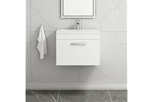 ROYAL BATHROOMS.CO.UK 600mm Wall Hung Bathroom Vanity Unit Mid Edge Basin 1 Drawer Storage Cabinet Furniture - Gloss White