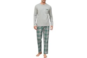 Winovia Piżama męska, długa piżama, 100% bawełna, długi rękaw, bielizna nocna, zestaw z okrągłym dekoltem i spodniami w kratkę