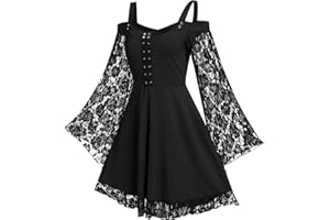 FEOYA Women's Lace Sleeve Gothic Steampunk Bandage Midi Dress Size L-5XL/UK 12-24, Black, L