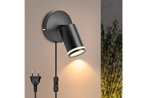 BOYIR Aplique Pared Interior Negro Giratorio - GU10 Lámpara de Pared con Interruptor y Enchufe, Apliques Pared Dormitorio Moderno con Cable de 2 m, Luz de Pared para Pasillo Cocina,Sin Bombilla