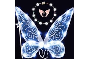 AONUILY Fairy Wings, Light up Butterfly Wings LED Fairy Wings for Kids Girls Adult Dress-Up Accessories for Halloween Christmas Fairy Costumes (White Fairy Wings)