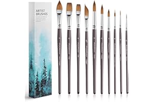10Pcs Fuumuui Professional Sable Watercolour Brushes, Kolinsky Sable Brush Set Variety Shapes with Extended Needle Point, Flat, Round, Cat's Tongue Oval Wash for Watercolour Acrylic Gouache Inks