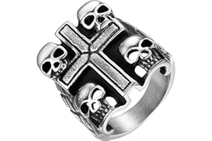 JewelryWe - Anello Quadrato Grande Punk con Teschio e Croce in Acciaio Inossidabile,Stile Gotico Anello Largo da Uomo Colore Argento/Nero