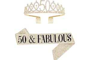 DIMETEY Birthday Queen Sash & Rhinestone Tiara Kit - 21st 30th 40th 50th 60th Birthday Gifts Birthday Sash for Women Birthday Party Supplies (Gold 50th)