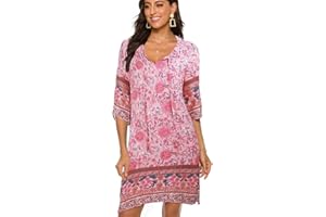 BDTECAOR Women's Vintage Ethnic Style Floral Pattern Bohemian Tunic Dress, V-Neck, 3/4 Sleeve, Beach Dresses, Summer Dresses
