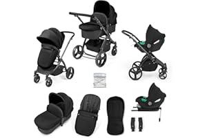 Ickle Bubba Stomp Urban Travel System with i-Size Cirrus Car Seat & ISOFIX Base (Midnight) – Birth to 22kg (Approx. 4 Years), Lightweight Pram with Seat Unit, Compact Fold & Essential Accessories