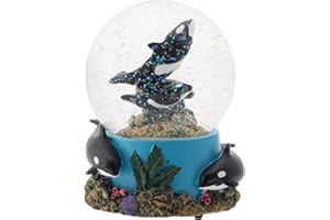 Elanze Designs Orca-Pod mit Korallenriff, 100 mm, stabil, zum Aufziehen, Musik-Glitzer, Wasser-Schneekugel, Tischkommode, Nachttisch, Dekoration, spielt Melodie Wunderbare Welt