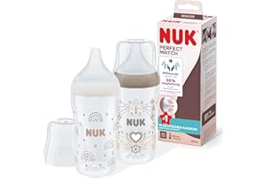 ‎NUK NUK Perfect Match Babyflaschenset | Ab 3 Monate | Passt sich dem Baby an | Temperature Control | Anti-Colic | 260 ml | BPA-frei | Silikontrinksauger, Medium | Regenbogen und Herz | 2 Stück