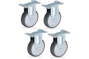 Relaxdays Fixed Castor, Set of 4, 100 mm, Load Capacity 400 kg, TPR, Steel Plate, Ball Bearings, Traceless, Sound-Absorbing, Grey/Silver