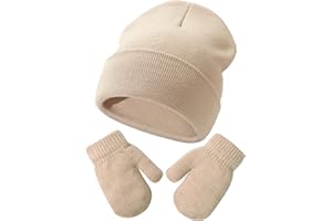 DRESHOW Ensemble Bonnet Beanie et Moufles D'hiver Set pour Bébés et Enfants Ensemble Chapeau et Gants Tricotés Chauds pour 3 Mois - 5 Ans Filles et Garçons